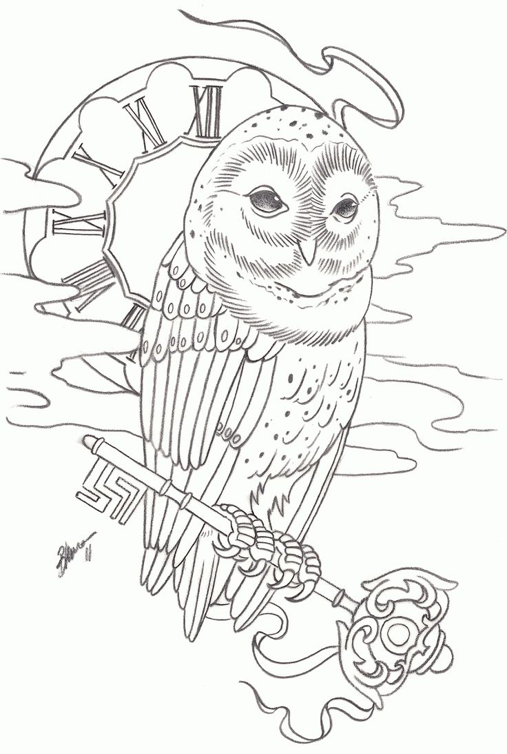 Simple Black Outline Owl With Key And Clock Tattoo Design