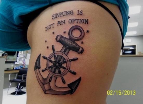 Sinking Is Not An Option - Anchor With Ship Wheel Tattoo Design For Side Rib