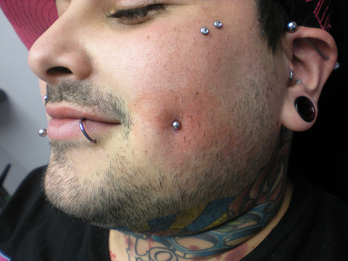 Stretched Lobe And Dimple Cheek Piercing
