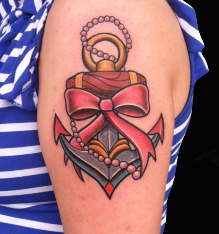 Traditional 3D Anchor With Bow Tattoo On Shoulder