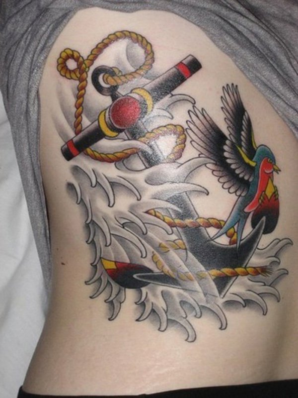 Traditional Anchor Cross With Flying Bird Tattoo On Side Rib