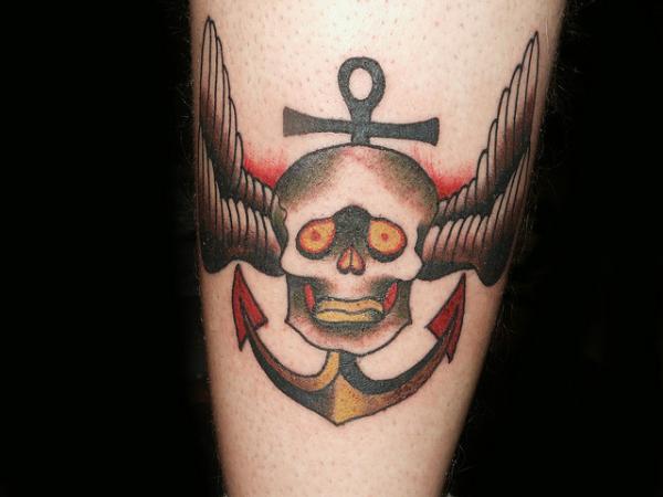 Traditional Anchor Cross With Skull And Wings Tattoo On Leg Calf