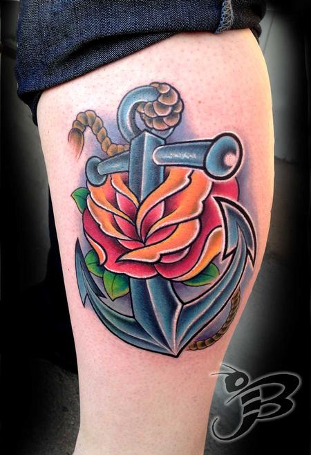 Traditional Anchor In Rose Tattoo Design For Sleeve