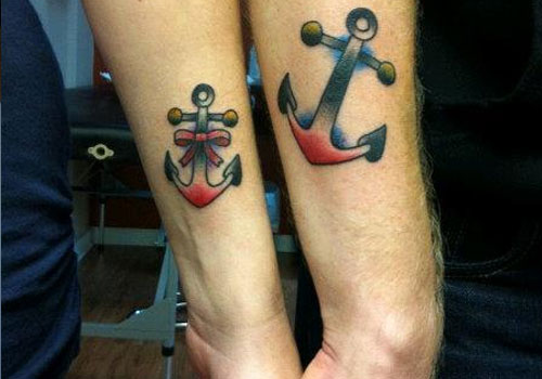 Traditional Anchor Tattoo On Couple Forearm