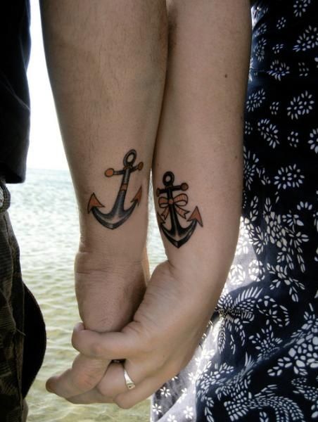Traditional Anchor Tattoo On Couple Side Wrist