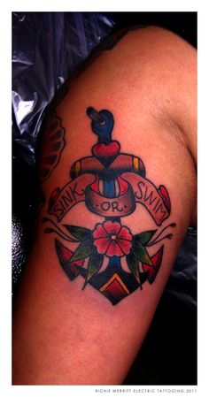 Traditional Anchor With Banner And Flower Tattoo On Right Half Sleeve