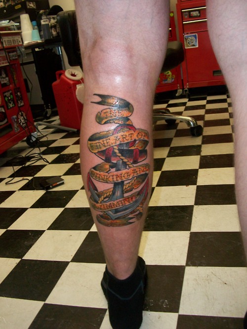 Traditional Anchor With Banner Tattoo On Left Leg Calf