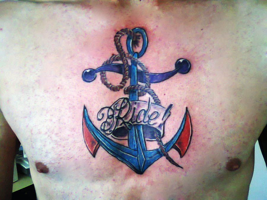 Traditional Anchor With Banner Tattoo On Man Chest