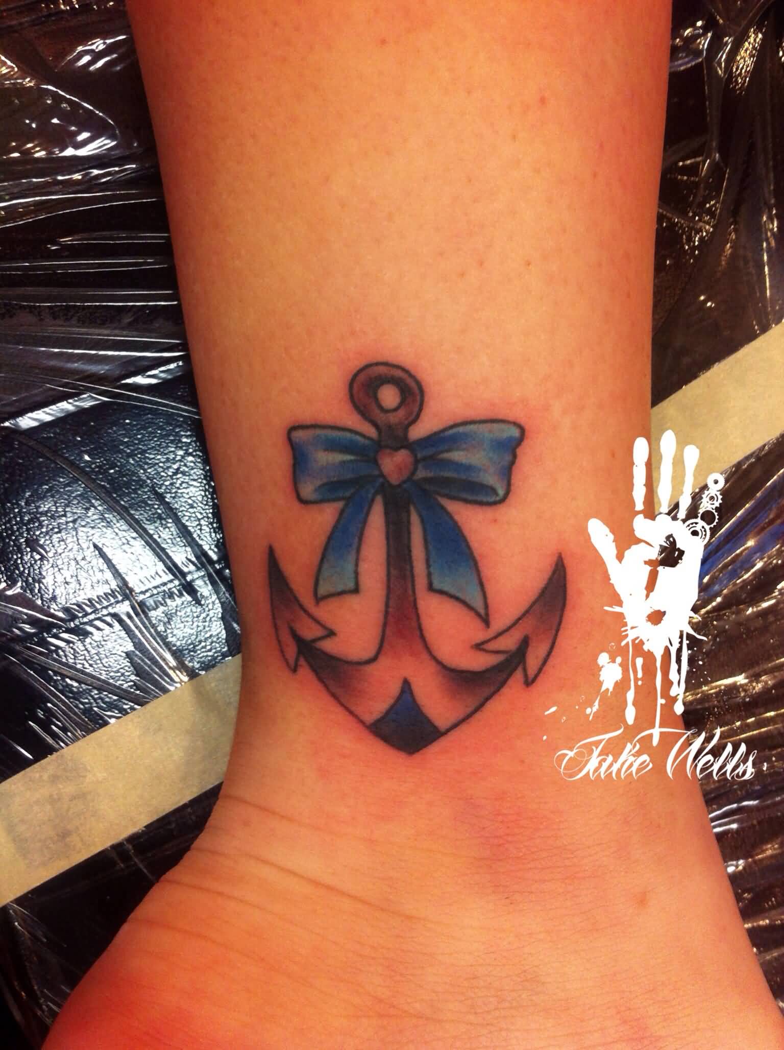 Traditional Anchor With Bow Tattoo On Right Ankle