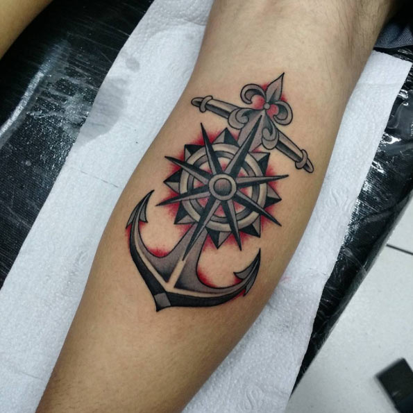 Traditional Anchor With Compass Tattoo Design For Half Sleeve By Eduardo Rodrigo