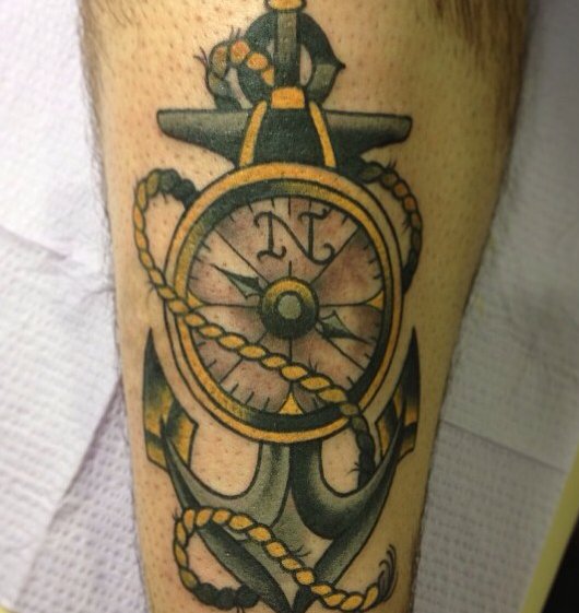 Traditional Anchor With Compass Tattoo Design For Sleeve