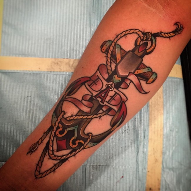 Traditional Anchor With Dad Banner Tattoo Design For Left Forearm