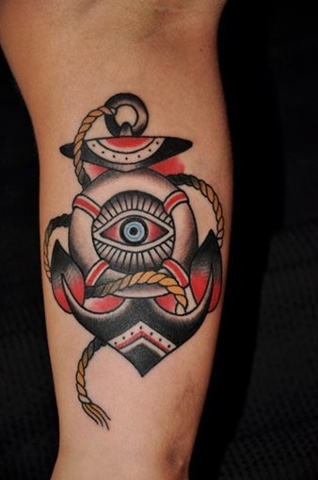 Traditional Anchor With Eye Tattoo Design For Bicep