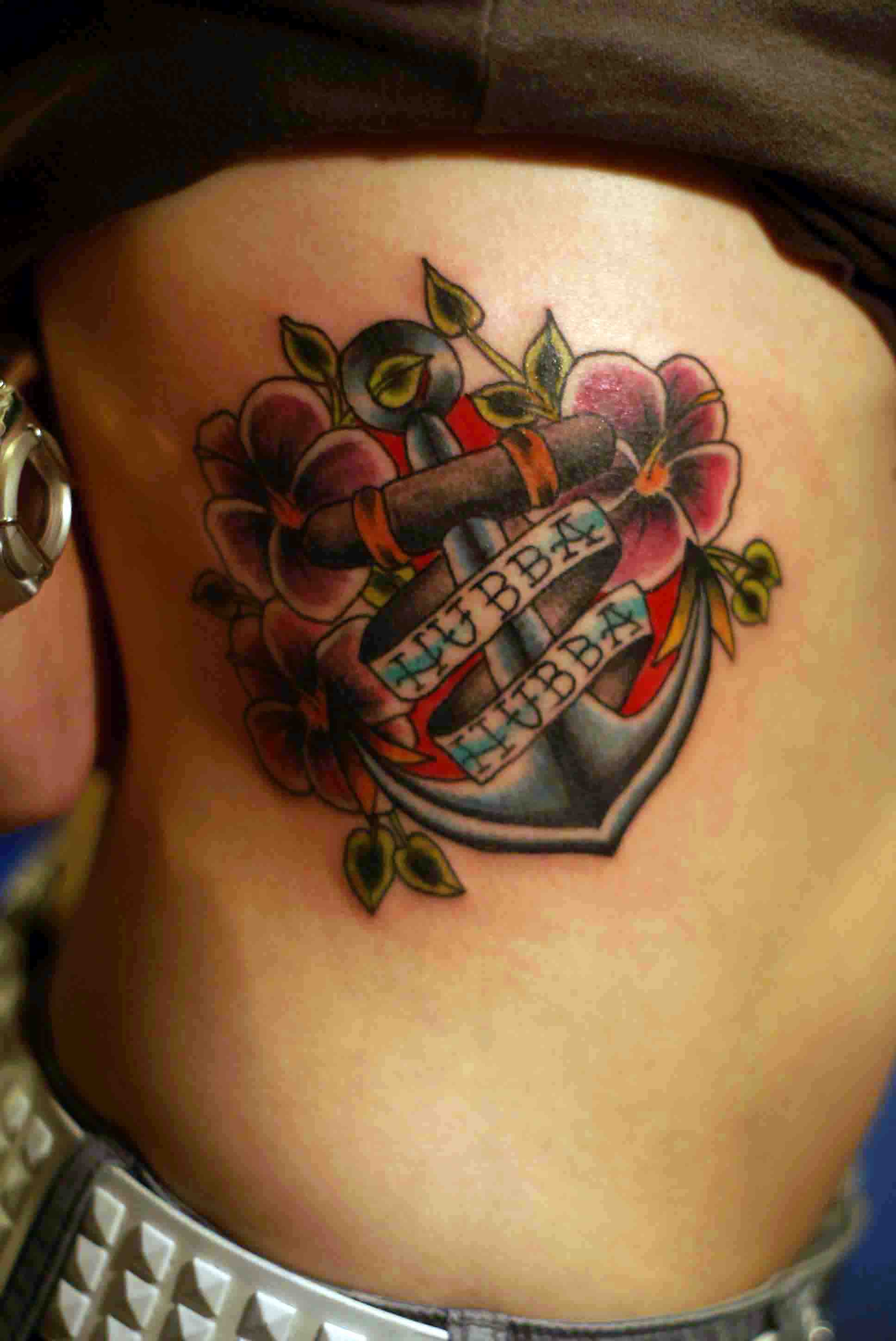 Traditional Anchor With Flowers And Banner Tattoo On Right Side Rib