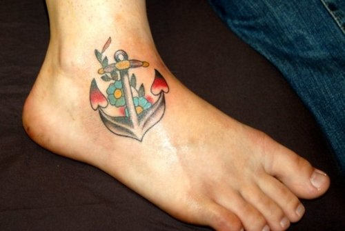 Traditional Anchor With Flowers Tattoo On Right Foot