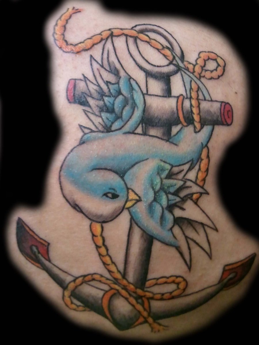 Traditional Anchor With Flying Bird Tattoo Design By William Ferkey