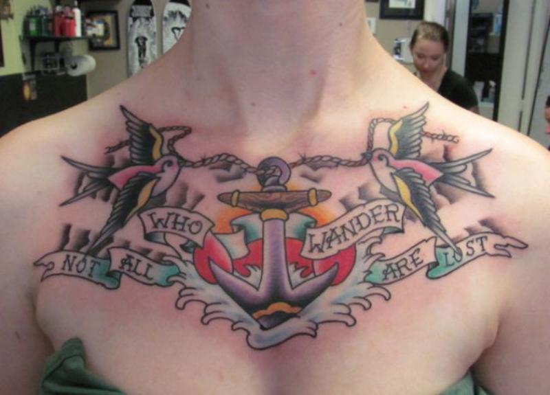 Traditional Anchor With Flying Birds And Banner Tattoo On Chest