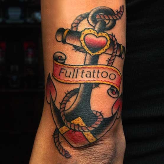 Traditional Anchor With Full Tattoo Banner Tattoo On Left Half Sleeve