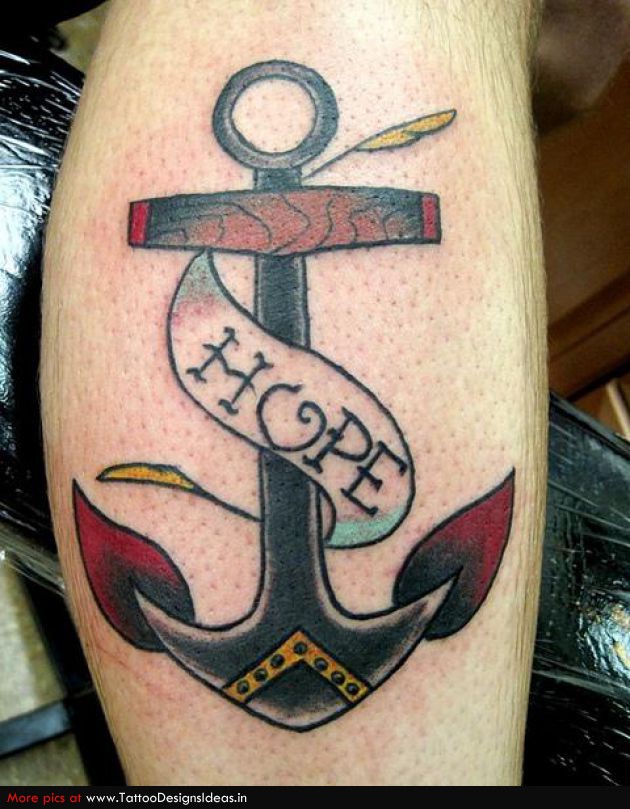 Traditional Anchor With Hope Banner Tattoo Design For Leg Calf