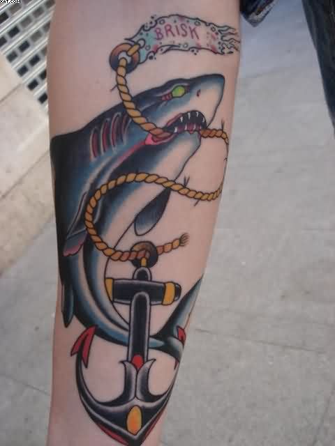 Traditional Anchor With Rope And Shark Tattoo Design For Forearm