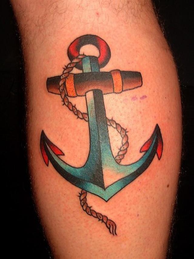 Traditional Anchor With Rope Tattoo Design For Leg Calf