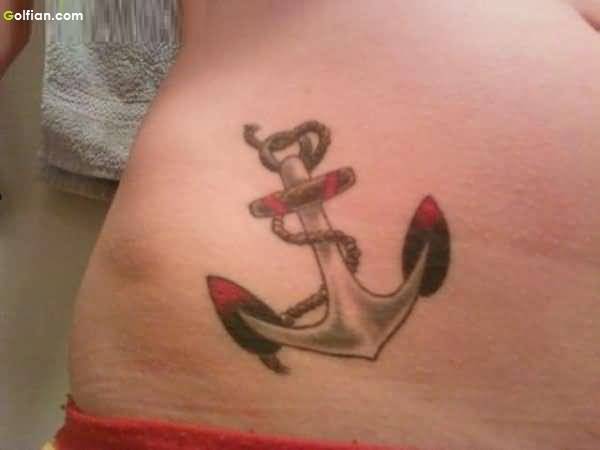 Traditional Anchor With Rope Tattoo On Girl Waist