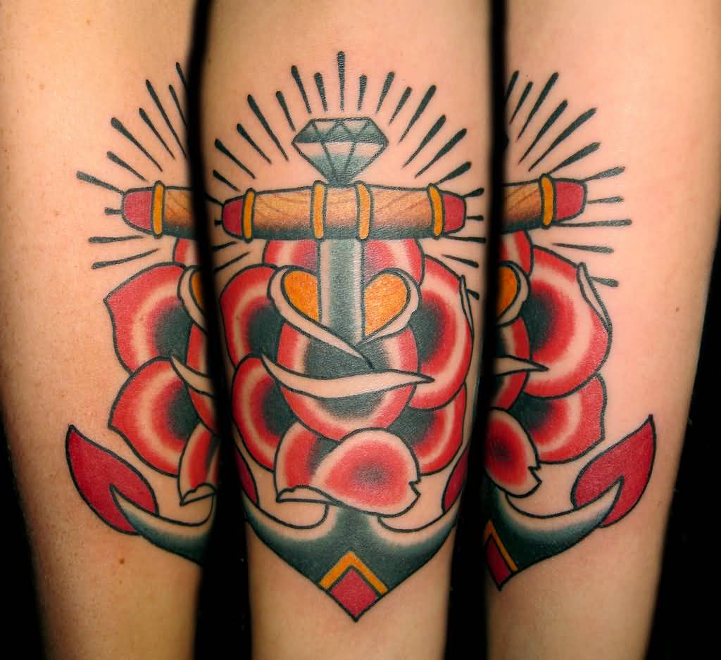 Traditional Anchor With Rose And Diamond Tattoo Design For Sleeve By Myke Chambers