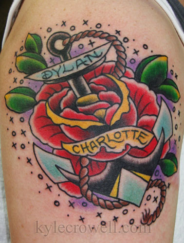 Traditional Anchor With Rose Tattoo Design For Shoulder By Kyle Crowell