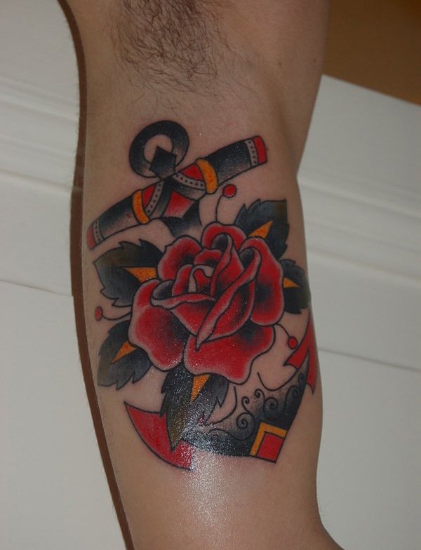 Traditional Anchor With Rose Tattoo On Bicep By SebastianQ