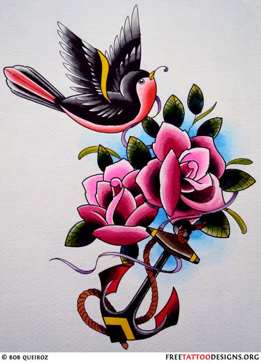 Traditional Anchor With Roses And Flying Bird Tattoo Design