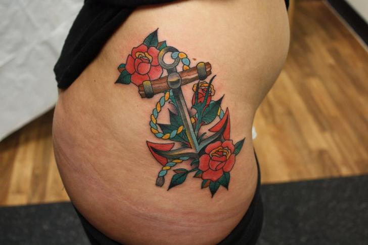 Traditional Anchor With Roses Tattoo Design For Side Rib By Tantrix