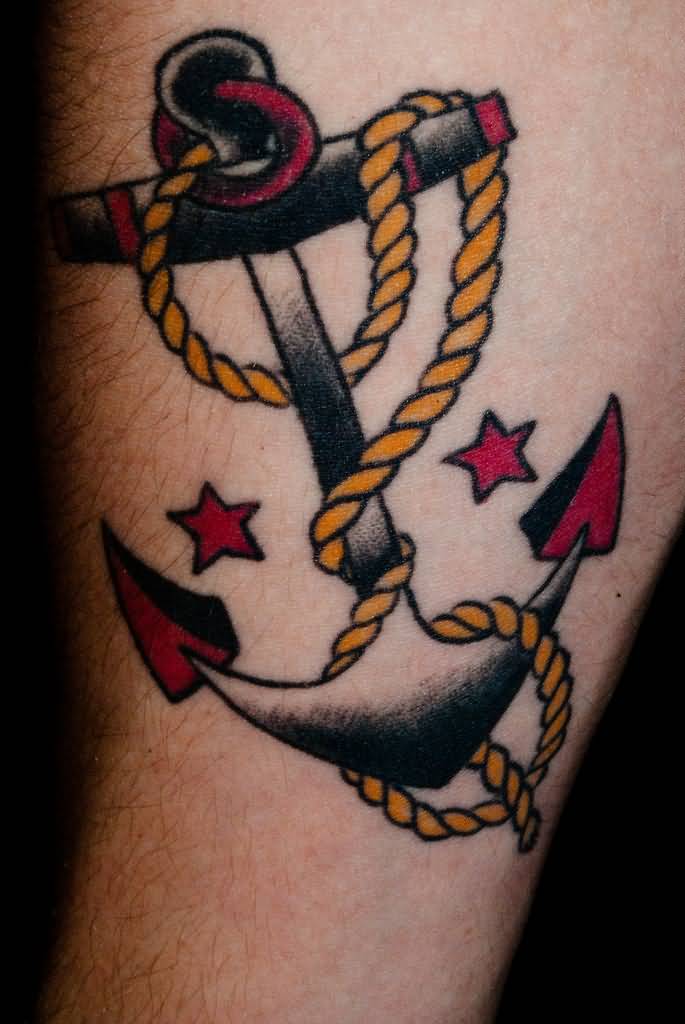 Traditional Anchor With Stars Tattoo On  Half Sleeve