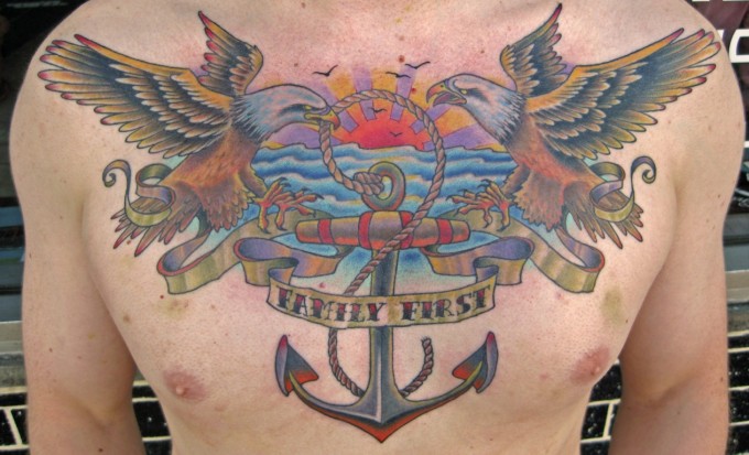 Traditional Anchor With Two Eagle And Banner Tattoo On Man Chest
