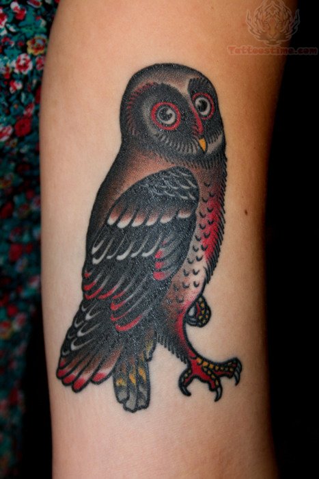 Traditional Black Ink Owl Tattoo Design For Sleeve