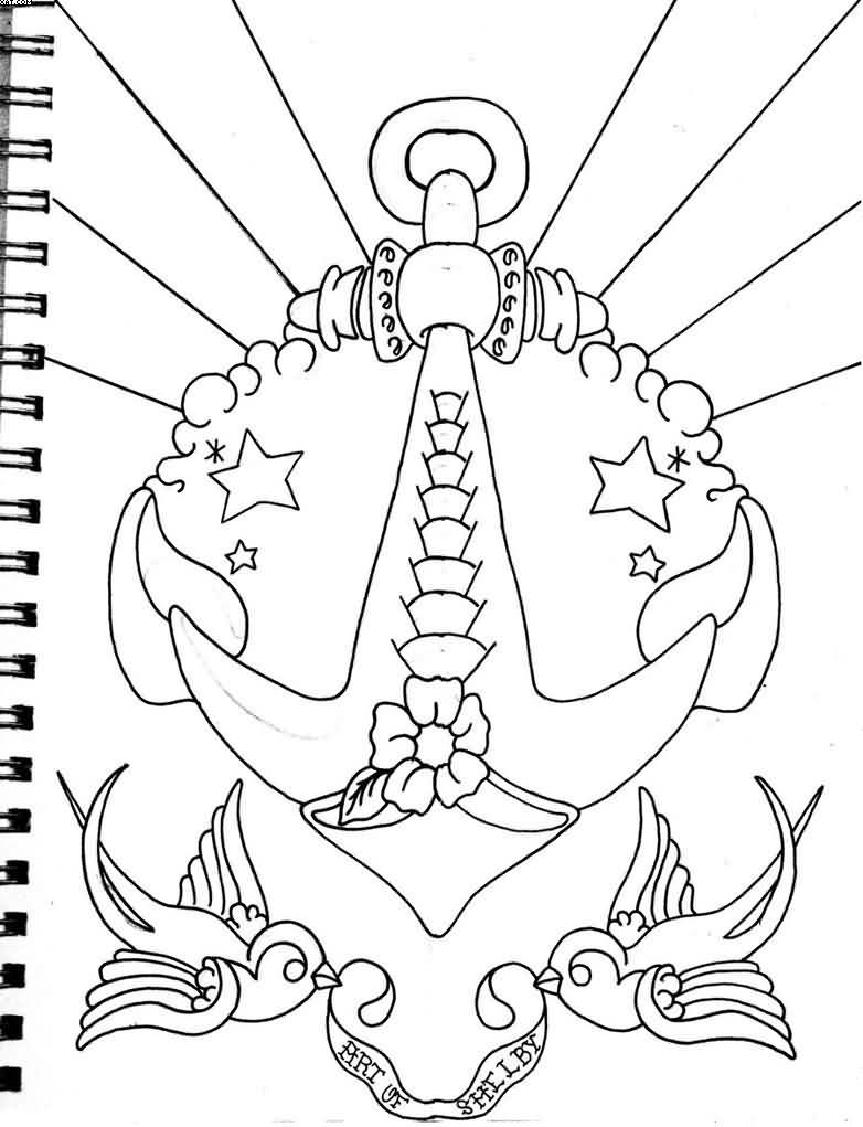 Traditional Black Outline Anchor With Flying Birds And Banner Tattoo Design
