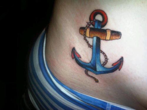 Traditional Colorful Anchor Tattoo On Girl Right Hip