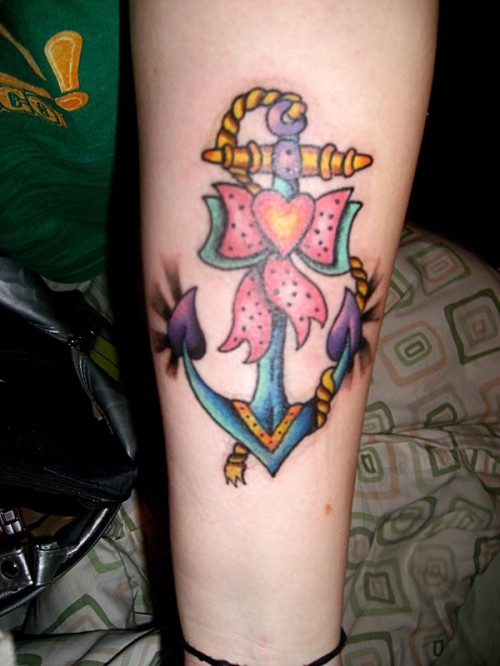 Traditional Colorful Anchor With Bow Tattoo Design For Forearm