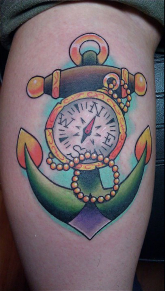 Traditional Colorful Anchor With Compass Tattoo Design For Leg Calf