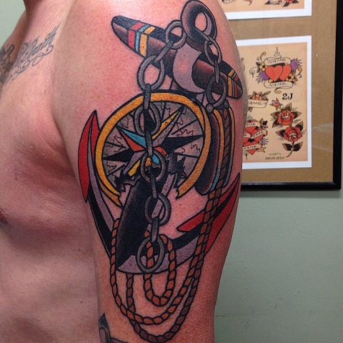 Traditional Colorful Anchor With Compass Tattoo On Man Left Half Sleeve