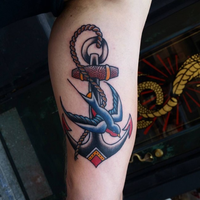 Traditional Colorful Anchor With Flying Bird Tattoo Design For Half Sleeve