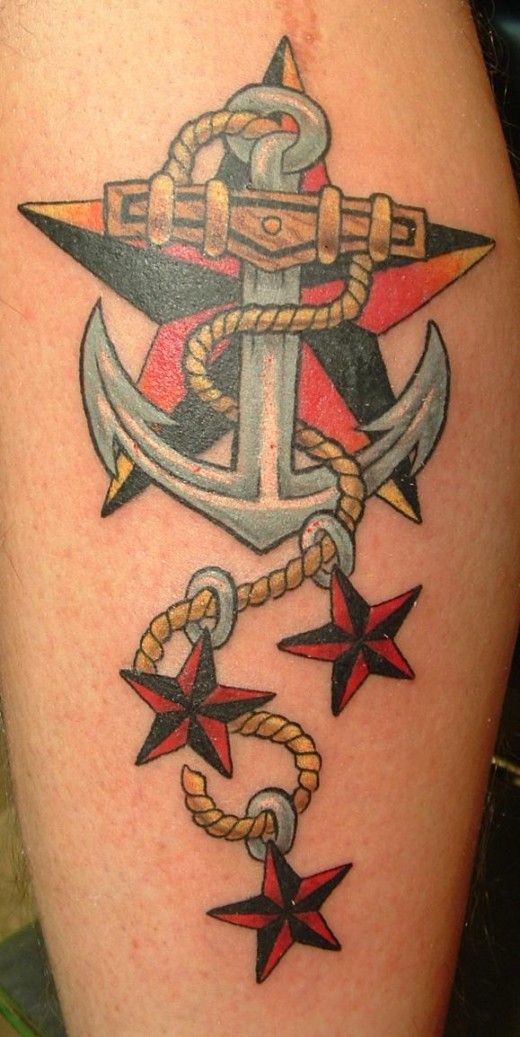 Traditional Colorful Anchor With Nautical Star Tattoo Design For Sleeve