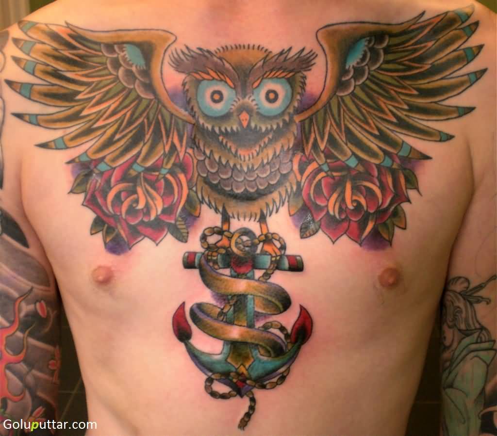 Traditional Flying Owl With Anchor And Roses Tattoo On Man Chest