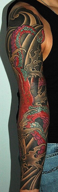 Traditional Japanese Octopus Tattoo On Full Sleeve