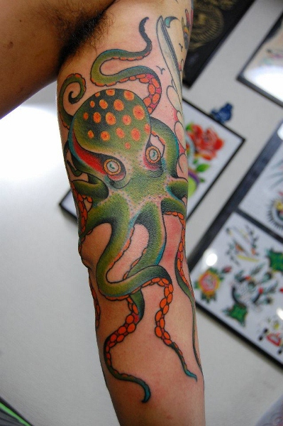 Traditional Japanese Octopus Tattoo On Half Sleeve
