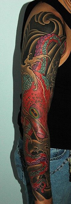Traditional Japanese Octopus Tattoo On Man Right Full Sleeve