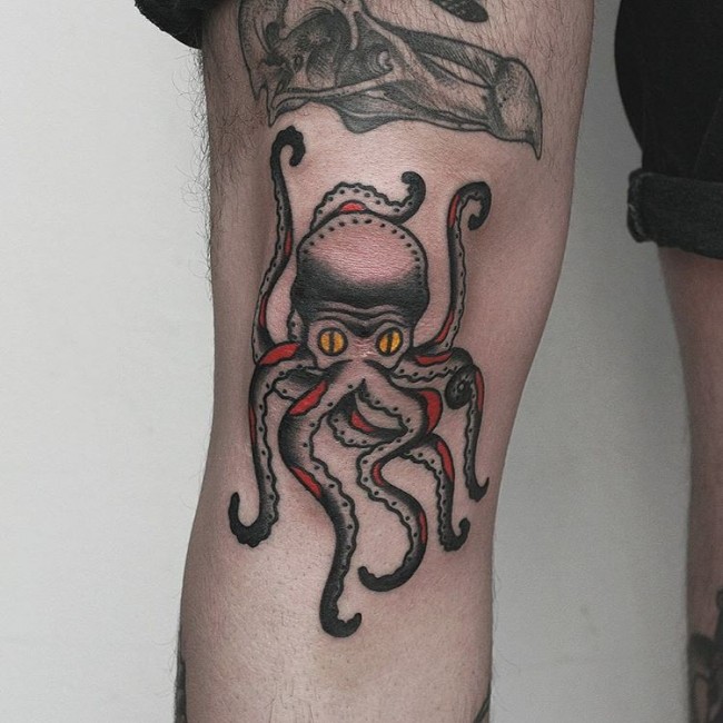 Traditional Octopus Tattoo On Knee