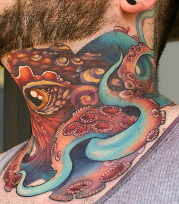 Traditional Octopus Tattoo On Man Neck
