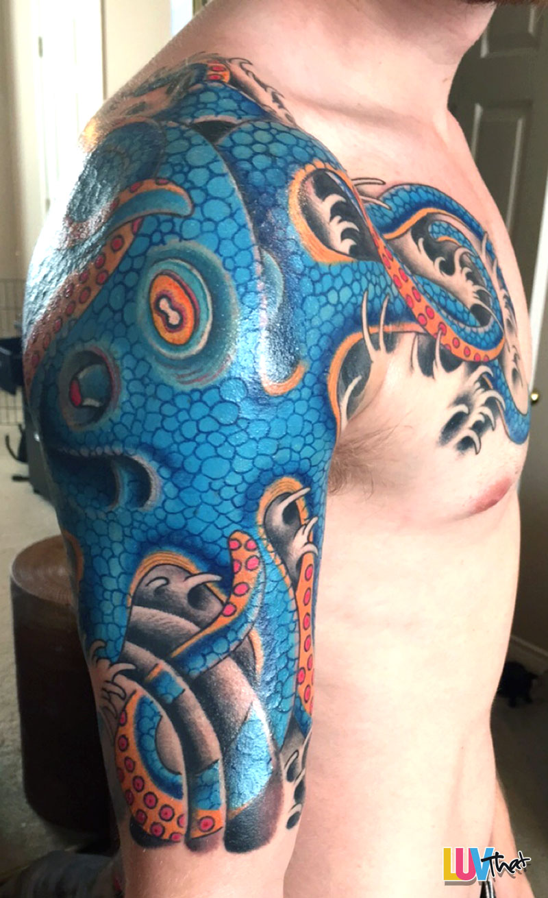 Traditional Octopus Tattoo On Man Right Half Sleeve