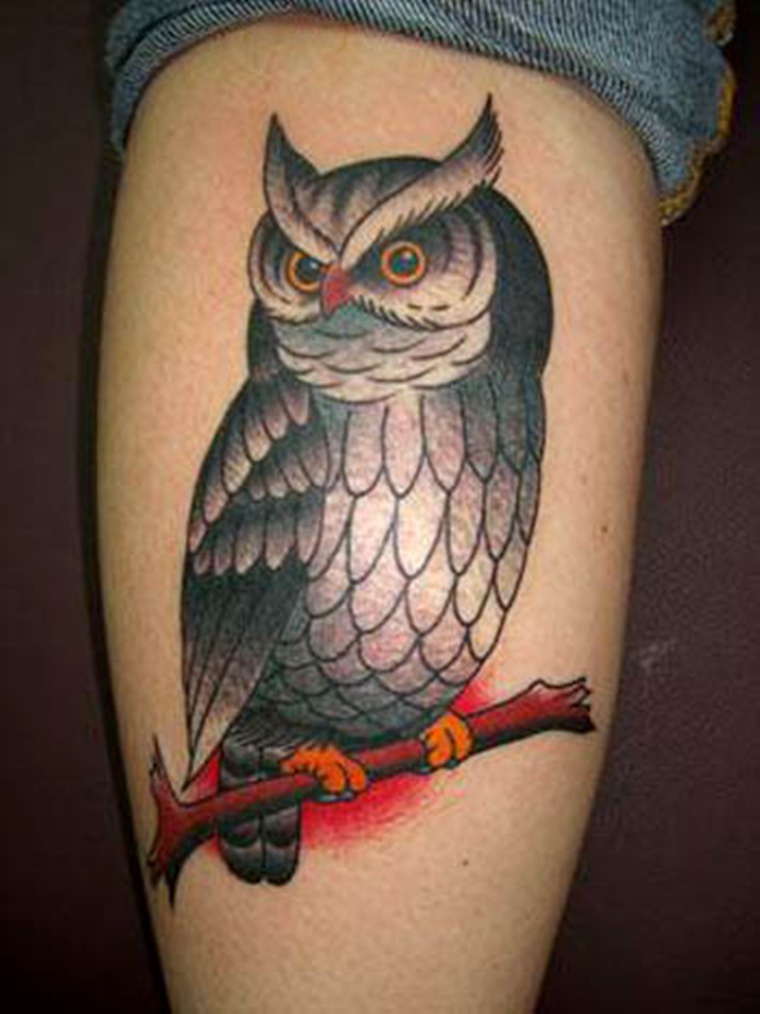 Traditional Owl On Branch Tattoo Design For Leg Calf