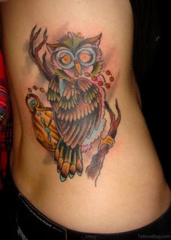 Traditional Owl On Branch With Pocket Watch Tattoo On Girl Right Side Rib
